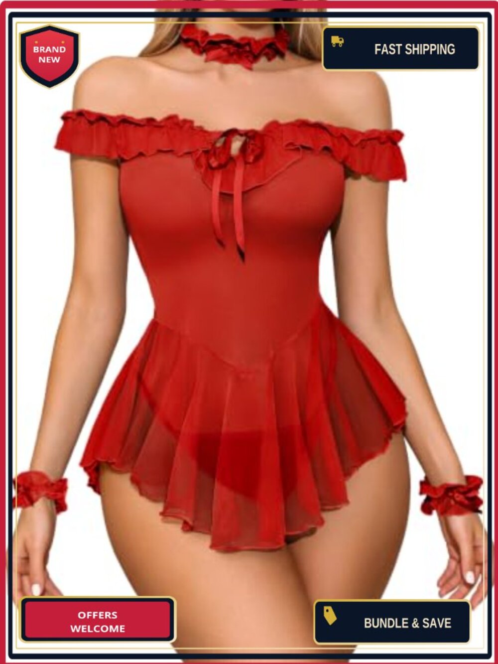 4-Piece Mesh Babydoll Lingerie Dress Set with Thong Choker Wristbands